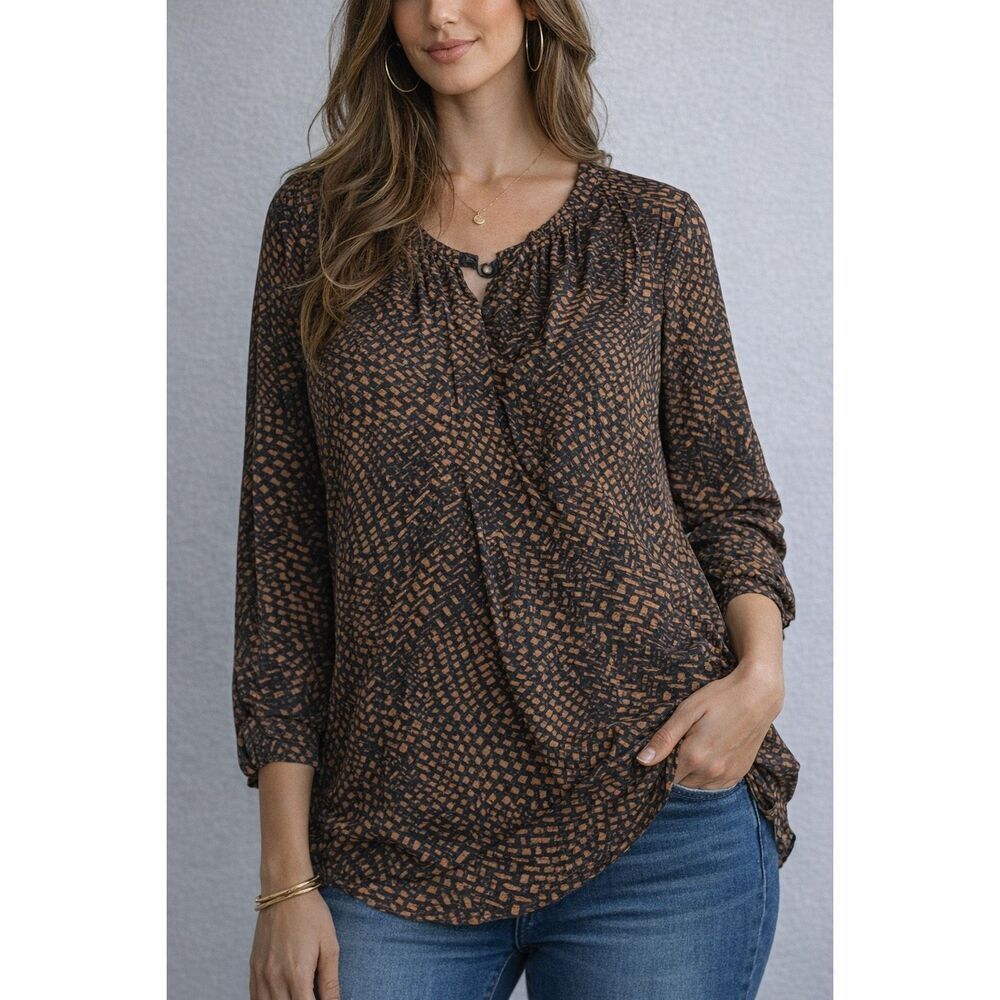 Hauber Abstract Print Blouse Tunic Brown Black Relaxed Fit Size14 See Notes